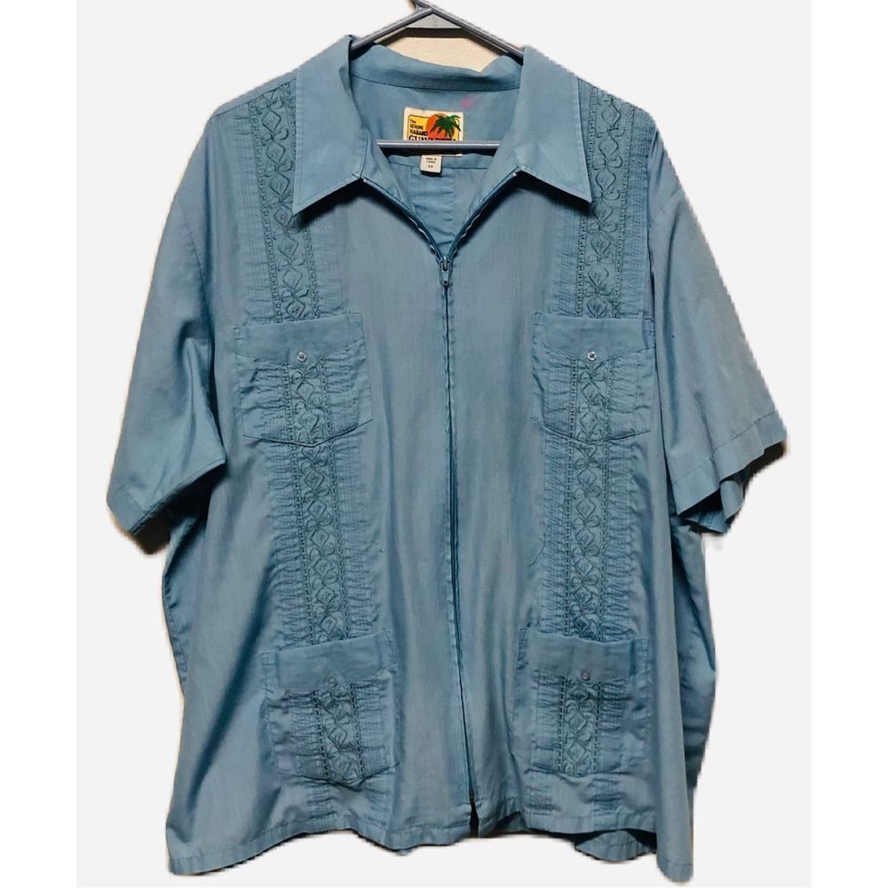 The Genuine Haband Guayabera 2X Blue Zip Up Shirt -White Lotus Tiki Hawaiian